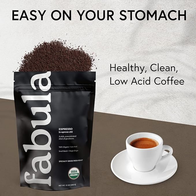 Fabula USDA Organic Espresso Coffee Freshly Ground Espresso Low Acid Coffee Non-GMO No Molds Mycotoxins Pesticides Free Single Origin Coffee 12 oz