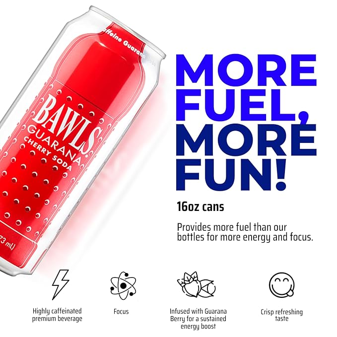 BAWLS Guarana Cherry BAWLS Guarana Drink Guarana Soda Guarana Fueled Soda for Energy High Energy Caffeinated Drink 16oz 24 Pack Cans