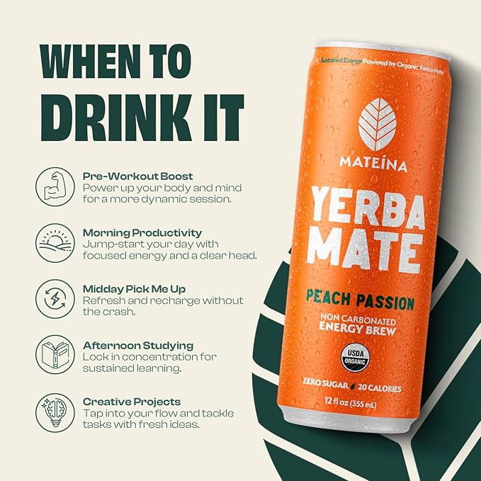 Mateina Yerba Mate Zero Sugar Energy Drink – 120mg Natural Caffeine – Organic Non-GMO Non-Carbonated – Dr. Andrew Huberman Recommended – (12 fl oz Cans 12 Pack) Peach Passion