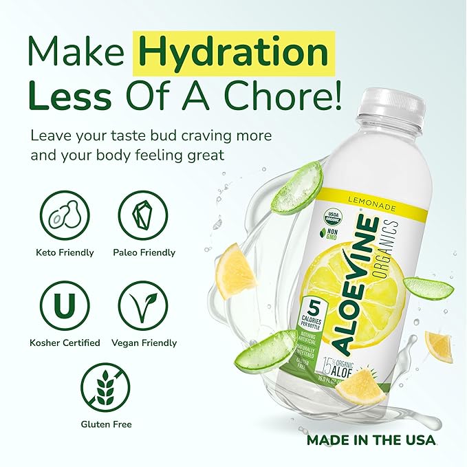Aloe Vera Juice No-Pulp Organic Aloe Vera Drink Healthy Juice with Aloe Powder and Lemon Juice 5 Calories Low Sugar No Artificial Ingredients 16.9 oz 12 Pack Lemonade - Aloevine Organics