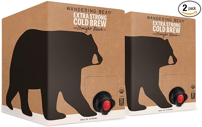 Wandering Bear Extra Strong Organic Cold Brew Coffee On Tap Straight Black 128 fl oz (1 gallon) - 2 Pack - Smooth Unsweetened Shelf-Stable and Ready to Drink &amp Vegan Cold Brew