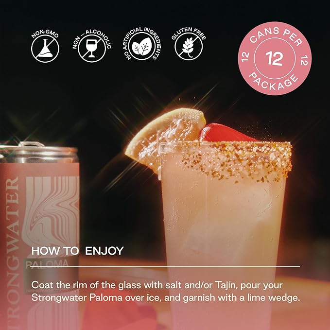 Strongwater Non Alcoholic Paloma - 12 Pack Cans (8.4 Fl Oz Each) - Premium Non Alcoholic Drinks - Ready to Drink Paloma Alcohol Free Drinks Made with Grapefruit Juice Hibiscus Rose and Sea Salt