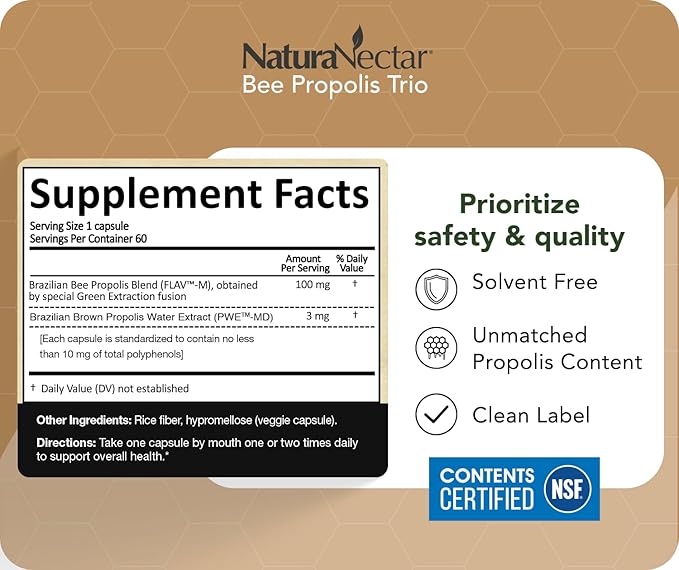 NaturaNectar - Bee Propolis Trio Capsules NSF Certified Premium Brazilian Propolis - Gluten-Free Supplements with More Diverse Flavonoids &amp PWE - Naturally Sourced Through Ethical Beekeeping (60p