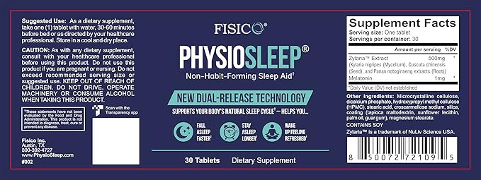 FISICO PhysioSleep Non-Habit-Forming Sleep Aid 30 Tablets Dual-Release Technology with Melatonin