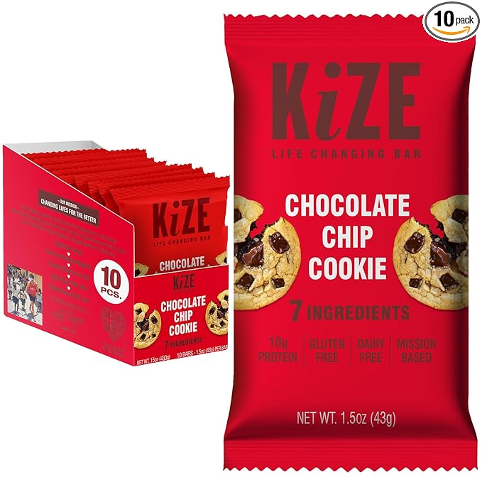 KiZE Energy Bars - Chocolate Chip Cookie - Almond Butter-Based Gluten Free Dairy Free NON-GMO - 10g High Protein Snacks High Protein Meal Replacement Energy Bars Clean and Simple Food (10 Count)