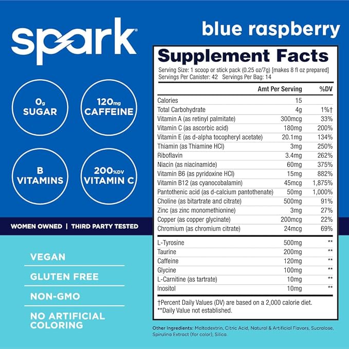 AdvoCare Spark - Energy Drink Mix - Vitamin &amp Amino Acid Supplement - Supports Energy &amp Focus* - Portable Immune Support* - Sugar-Free - Blue Raspberry 14 Stick Packs (3.5 oz)