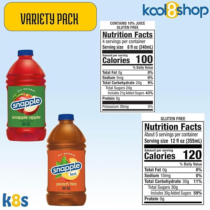 Snapple Variety Pack All Natural Fruit Juice 64 fl oz Plastic Bottle 4 Pack + 15 Sugarcane Disposable Straws by KOOL8SHOP Infinite Deals