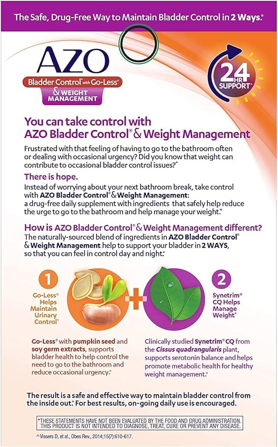 AZO Bladder Control with Go-Less® &amp Weight Management Dietary Supplement | Helps Reduce Occasional Urgency* | Promotes Healthy Metabolism* | Supports a Good Night’s Sleep* | 48 Capsules (Pack of 2