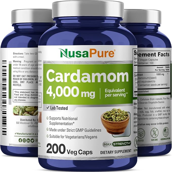 NusaPure Cardamom Capsules 1000 mg 200 Veg Capsules (Non-GMO Vegan)