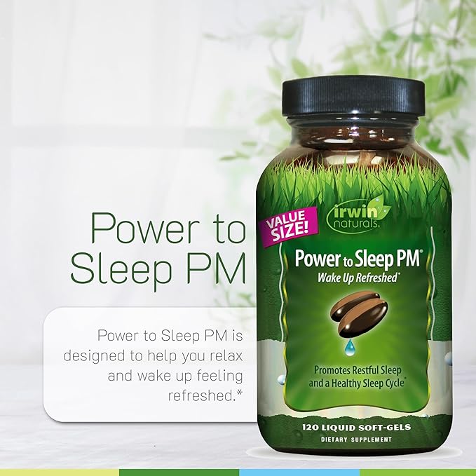 Irwin Naturals Power to Sleep PM – Natural Sleep Aid with Melatonin Ashwagandha Valerian GABA &amp L-Theanine – Promotes Relaxation Restful Sleep &amp Healthy Sleep Cycle – 120 Liquid Soft-Gels