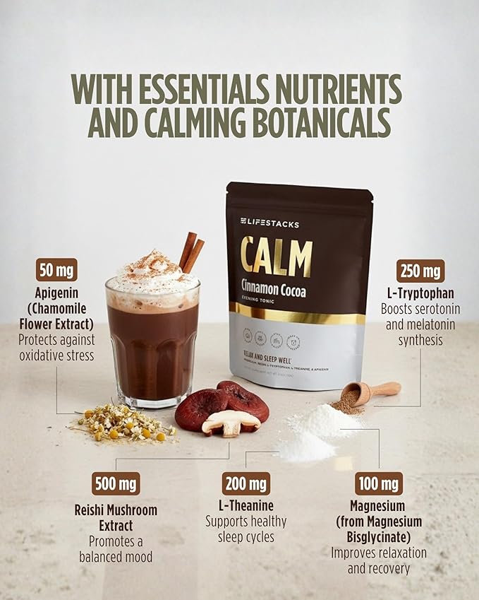 Calm Nighttime Magnesium Hot Cocoa – Melatonin-Free Natural Sleep Support Drink Mix with Reishi Mushroom Chamomile L-Theanine &amp L-Tryptophan – Calm Cinnamon Cocoa 20 Servings