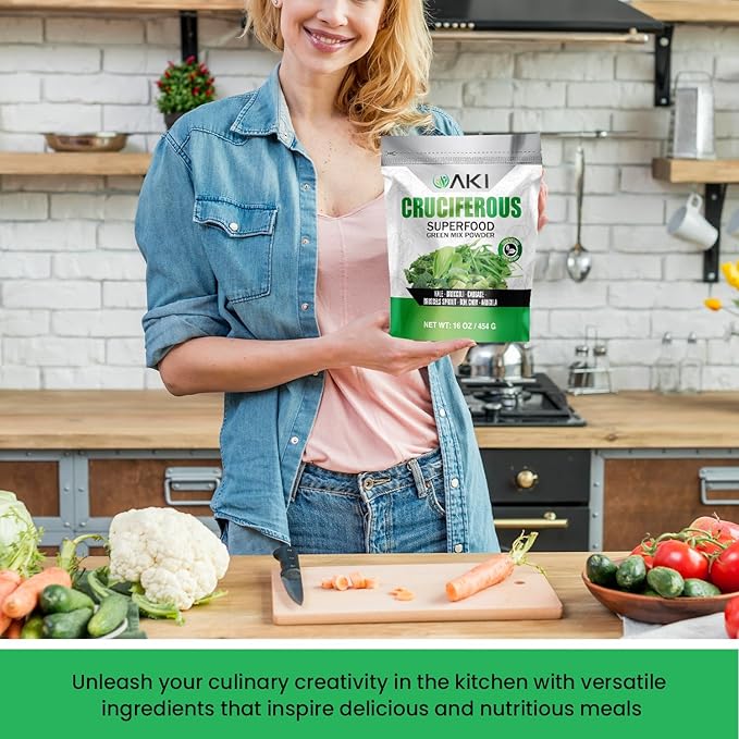 AKI Cruciferous Superfood Green Mix Powder - Made from Kale Broccoli Brussels Sprouts Cabbage - Packed with Essential Phytonutrients &amp Vitamins ((16oz/454g))