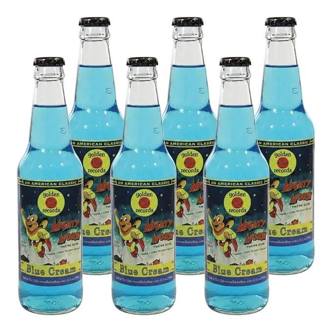 Rocket Fizz Mighty Mouse Blue Cream Soda Flavor | Cane Sugar | Craft Soda Pop Drinks | 12 oz in Glass Bottle (6 Pack)