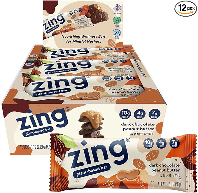Zing Dark Chocolate Peanut Butter Vegan Protein Bars Gluten Free with High Protein High Fiber Dairy Free Nutrition Bars Plant Based Protein Kosher Low Sugar No Sugar Alcohols - 12 count