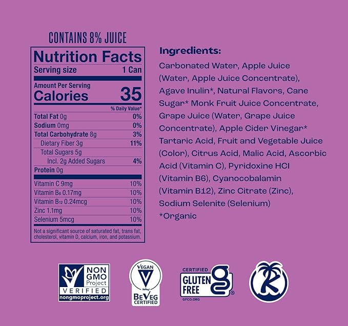 SunSip Prebiotic Soda by Health-Ade Better-for-You Soda Swap Beverage with Vitamins &amp Minerals Naturally Sweetened with 6g of Sugar Grape 11.5 oz (12 Pack)