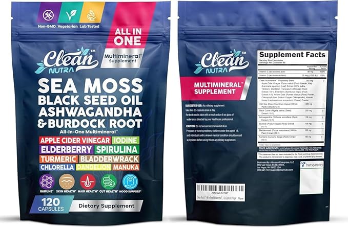 Clean Nutraceuticals Sea Moss Black Seed Oil Ashwagandha Turmeric Bladderwrack Burdock &amp Vitamin C Vitamin D3 with Elderberry Manuka Dandelion (120 Count (Pack of 1))