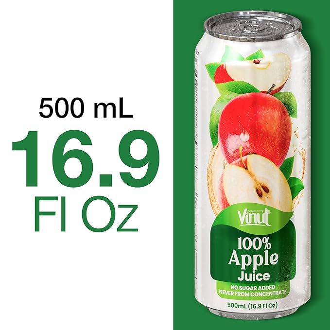 VINUT 100% Apple Juice No Added Sugar Not From Concentrate 16.9 fl oz (500 mL) Can Pack of 12