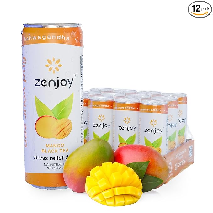 Zenjoy Stress Relief Drink Calming Black Tea Non Alcoholic Ashwagandha &amp Lemon Balm for Stress Relief L - Theanine for Focus (12 Pack) (Mango)