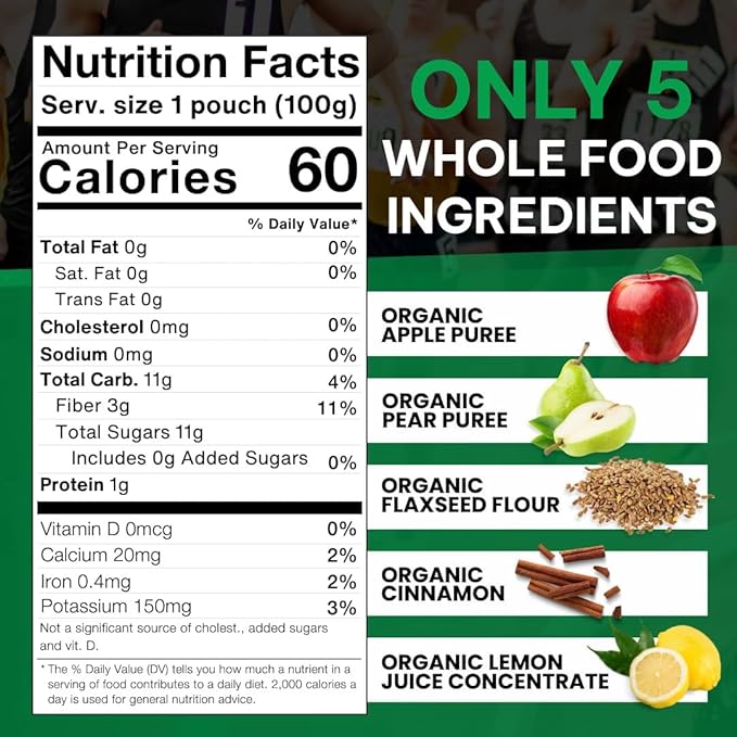 Clean Label Organic Fruit Smoothie Sports Pouches - Healthy Nutrition Drinks Gluten Free Caffeine Free Vegan Kosher Convenient Snacks - Apple Pear Cinnamon &amp Flaxseed Smoothie - 8 Pack