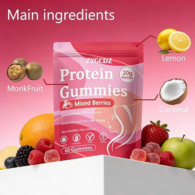 Protein Gummies for Women &amp Men 20g Protein per Serving Zero Sugar Vegan Supports Hair Skin Nails Health with Collagen Energy Boosting Supplement Mixed Berries Flavor 60 Gummies (1) (1)