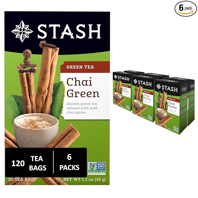Stash Tea Chai Green Tea - Caffeinated Non-GMO Project Verified Premium Tea with No Artificial Ingredients 20 Count (Pack of 6) - 120 Bags Total