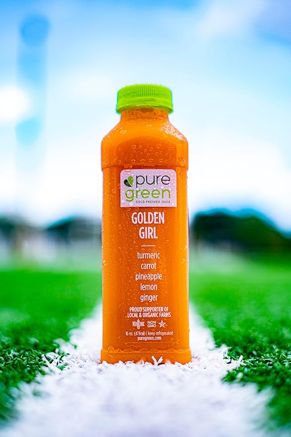 Pure Green Cold Pressed Juice - Golden Girl - Fresh Functional Blend with Turmeric Carrot Pineapple Lemon Ginger - Natural Gluten Free Non-GMO No Artificial Colors or Flavors - Made from Real F