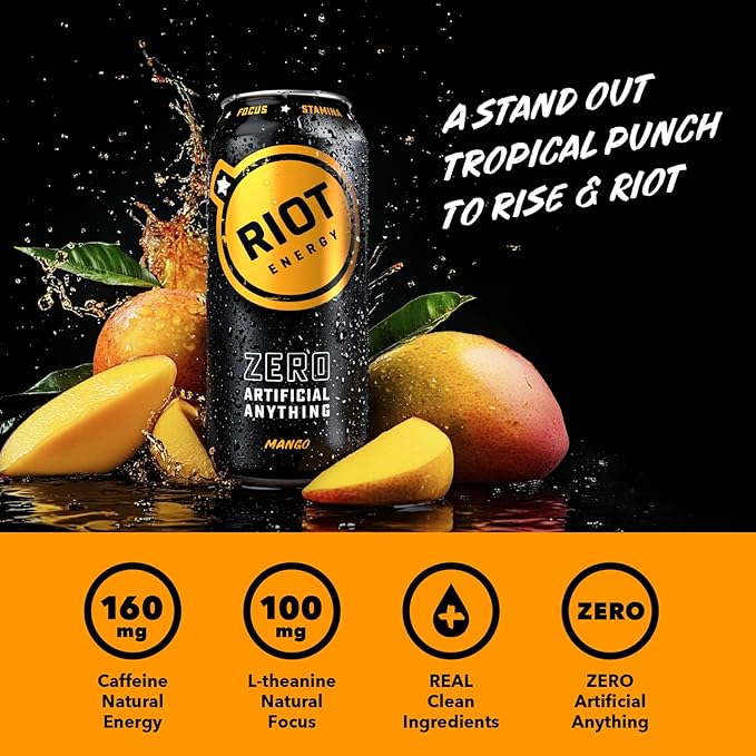 RIOT Clean Energy Drink Mango Zero Artificial Anything No Sucralose Made with Real Fruit No Sugar Added Natural Healthy Energy Stamina &amp Focus 16 Fl Oz (Pack of 12)