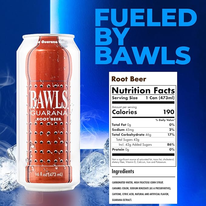 BAWLS Guarana Root Beer - Guarana Fueled Soda for Energy High Caffeinated Drink 12 Pack 16oz Cans