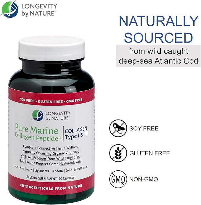 Longevity by Nature Marine Collagen Peptides Type I &amp III – Skin Hair &amp Nail Support Supplement for Women and Men