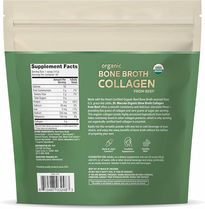 Dr. Mercola Organic Bone Broth Collagen Powder - Supports Bone Health &amp Muscle Growth - USDA Organic Non-GMO Gluten-Free &amp Dairy-Free - 30 Servings - Chocolate Flavor
