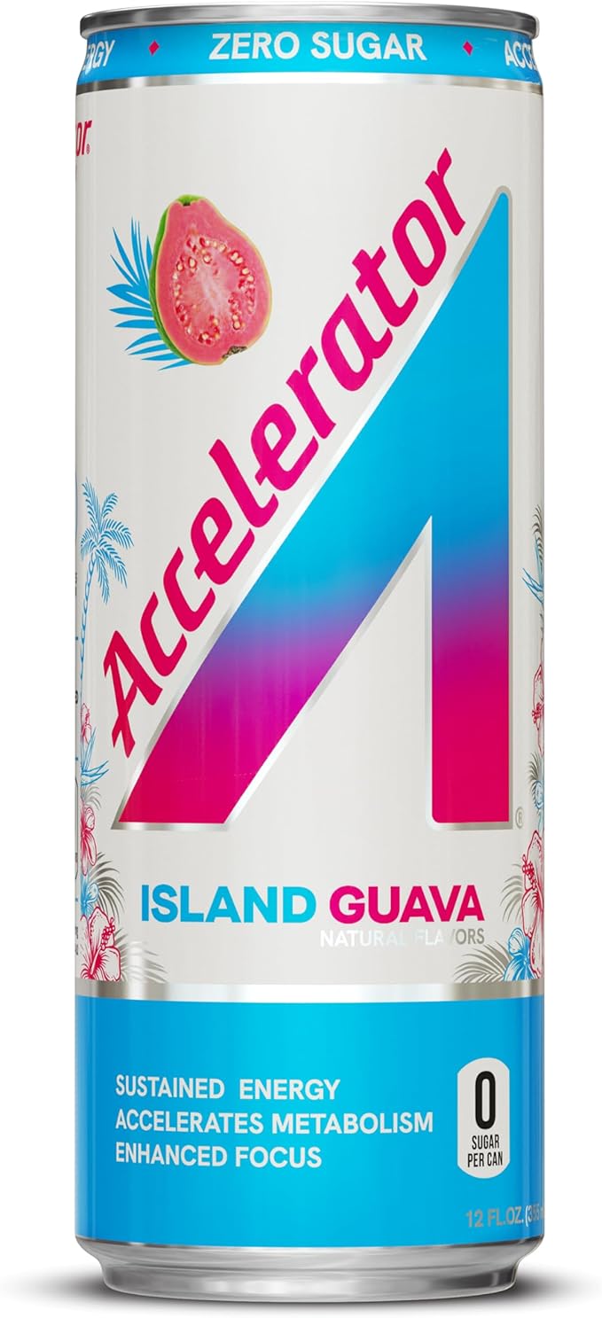 Accelerator Energy Drink Island Guava 12oz can (12 pack) Zero Sugar Sustained Energy from 100% Natural Caffeine (200mg from Green Coffee Bean &amp Green Tea extract)