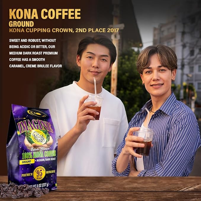 Imagine Kona Organic Coffee Beans | Arabica Kona Beans | Top Grade Air Roasted | Medium Dark Roast | Organic Whole Bean (Ground 8 ounce)