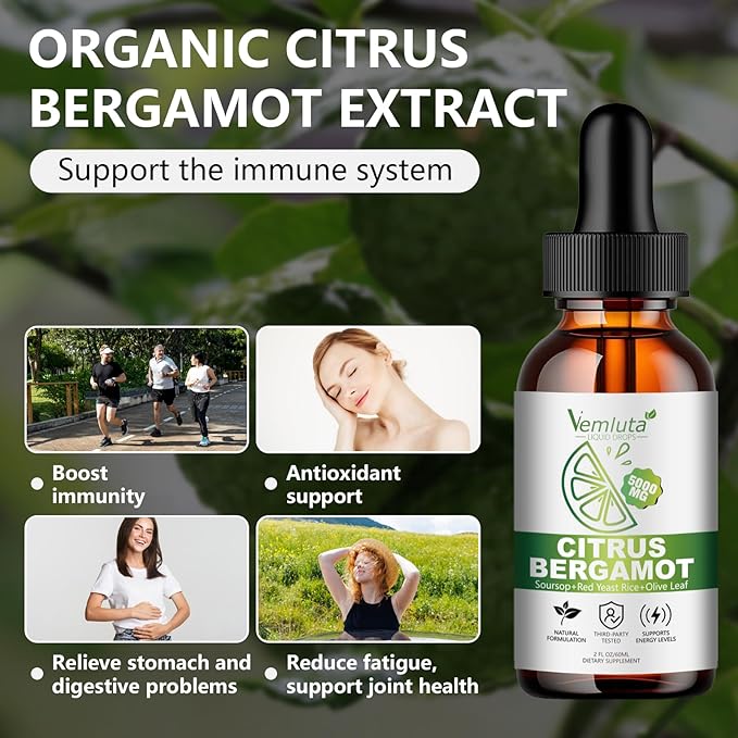 2 Packs 5000mg Citrus Bergamot Liquid Drops-2X Absorption- Cholesterol Lowering Supplement w Soursop Red Yeast Rice Olive Leaf Hight Cholesterol -Soursop Bitters Liquid-Heart &amp Immune Support