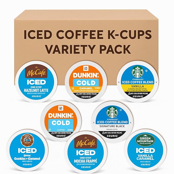 30-Count Cold Brew&amp Iced Coffee K-Cup Pods Variety Pack: Starbucks Mcdonalds Dunkin Green Mountain Donut Shop - Signature Black Vanilla Hazelnut LatteMocha Frappe Caramel Coffee with Recip