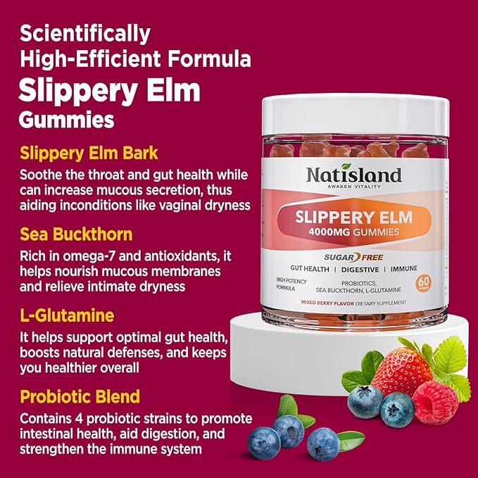 Slippery Elm for Women Gummies Organic Slippery Elm Bark Extract with Probiotics Sea Buckthorn L-Glutamine for Gut &amp Digestive Health Throat &amp Respiratory Support Sugar Free Vegan 60 Gu