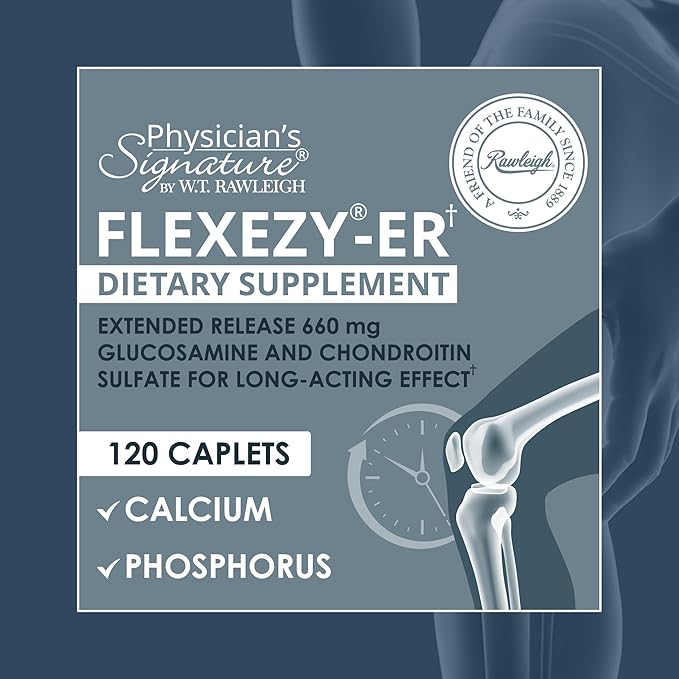 Rawleigh Flexezy-ER: 120 Caplets High Strength Glucosamine &amp Chondroitin Sulfate Blend Calcium &amp Phosphorous 24-Hour Extended Release Bone &amp Joint Health Supplement. Non-GMOGluten Fre
