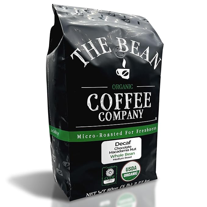 The Bean Organic Coffee Company Water Processed DECAF Chocolate Macadamia Nut Medium Roast Whole Bean Coffee 5-Pound Bag