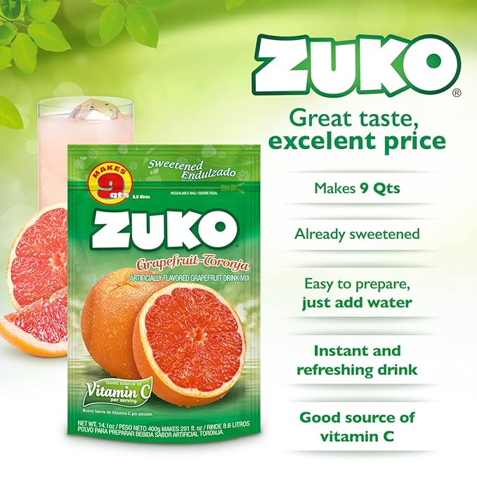 Zuko Grapefruit Instant Powder Drink | Family Pack | No Sugar Needed | Vitamin C | 14.1 Ounce (Pack of 2)