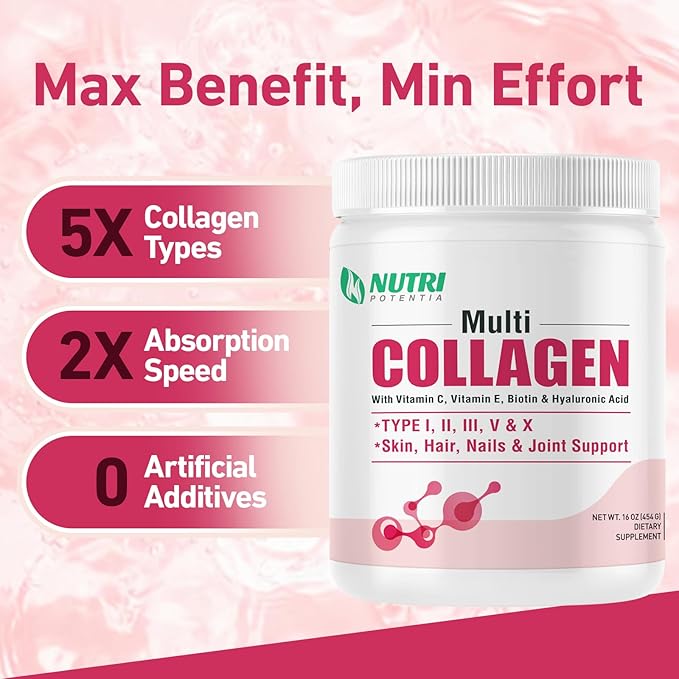 Multi Collagen Peptides Powder - Type I II III V X with Vitamin C E &amp Hyaluronic Acid Hair Skin Nail Support | Unflavored Non-GMO Easy Mix - 45 Servings