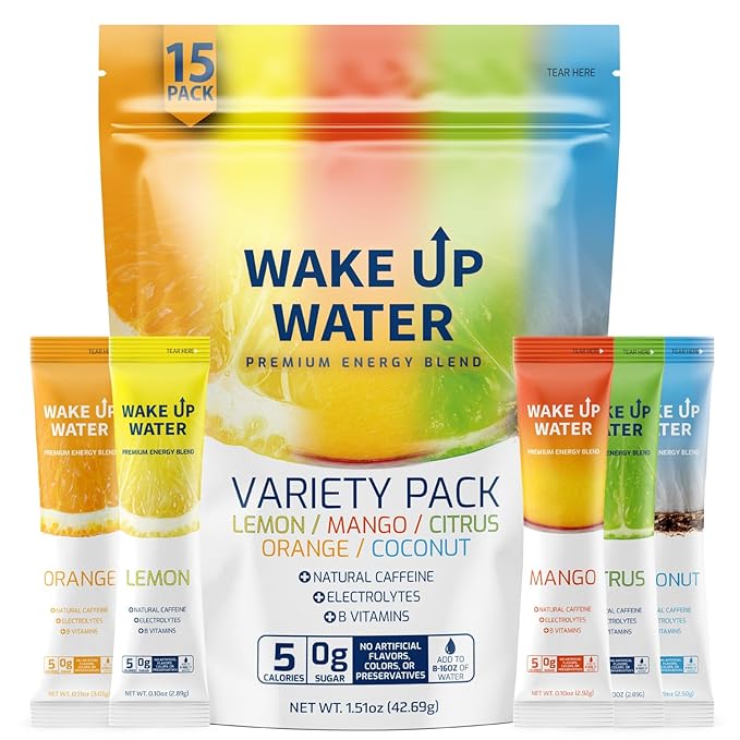 Wake Up Water Energy Drink Mix Sugar Free Clean Energy Powder with Electrolytes &amp B Vitamins Natural Caffeine for Focus &amp Hydration (15 Pack) - Variety