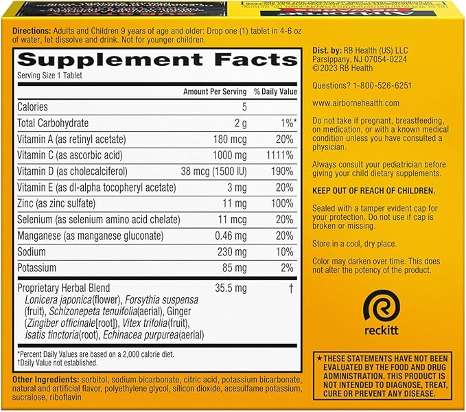 Airborne 1000mg Vitamin C + Zinc Sugar Free Multivitamin Immune Support Effervescent Fizzy Drink Tablets Zesty Orange Flavor with Powerful Antioxidants Vitamins A C &amp E 30 Tablets (3 Pack)