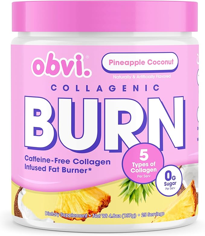Obvi Collagenic Burn Powder | Multi-Collagen Peptide Blend with GBB Ashwagandha &amp Green Coffee | Pineapple Coconut 25 Servings
