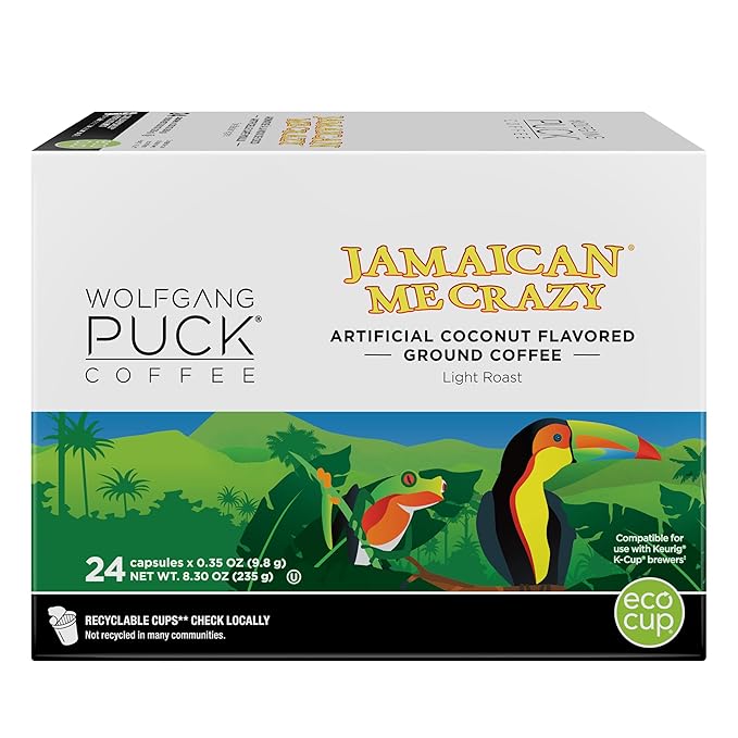 Wolfgang Puck Coffee Single Serve Capsules Light Roast Compatible with Keurig K-Cup Brewers Jamaican Me Crazy 24 Count (Pack of 1)