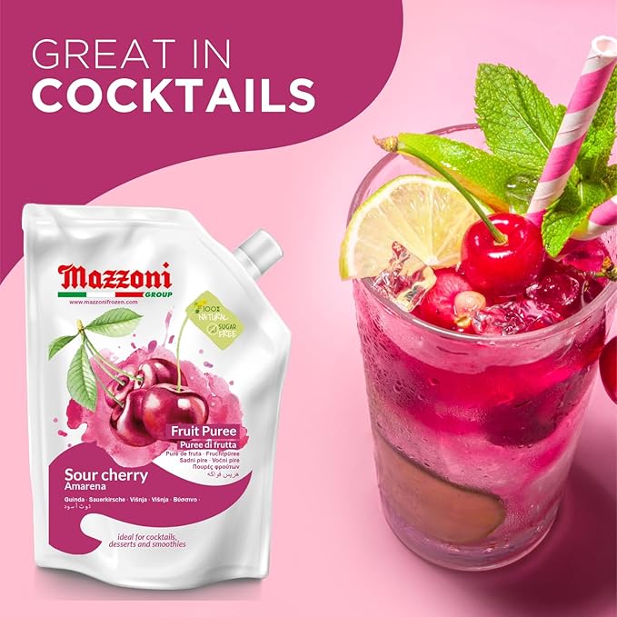 Mazzoni - Cherry Puree 100% Italian Pure Sour Cherry (Amarena) Juice Just Fruit No Sugar Added Real Fruit Mixer for Cocktails Drinks Smoothies - 2.2 lb Convenient Pouch Made in Italy