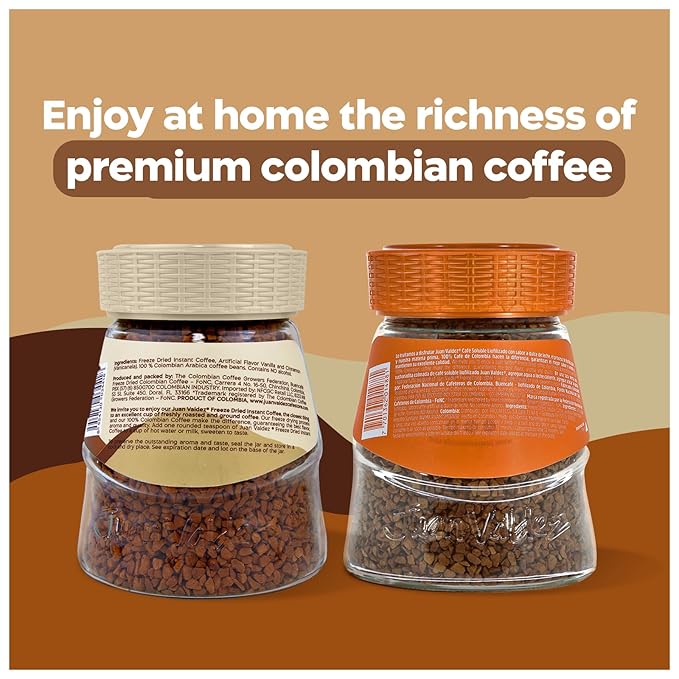 Juan Valdez Freeze-Dried Instant Coffee Bundle - Dulce de leche (3.5 oz) &amp Vanilla Cinnamon (3.35 oz) Flavors | 100% Colombian Arabica Beans | Smooth &amp Aromatic - Premium Colombian Coffee | 2