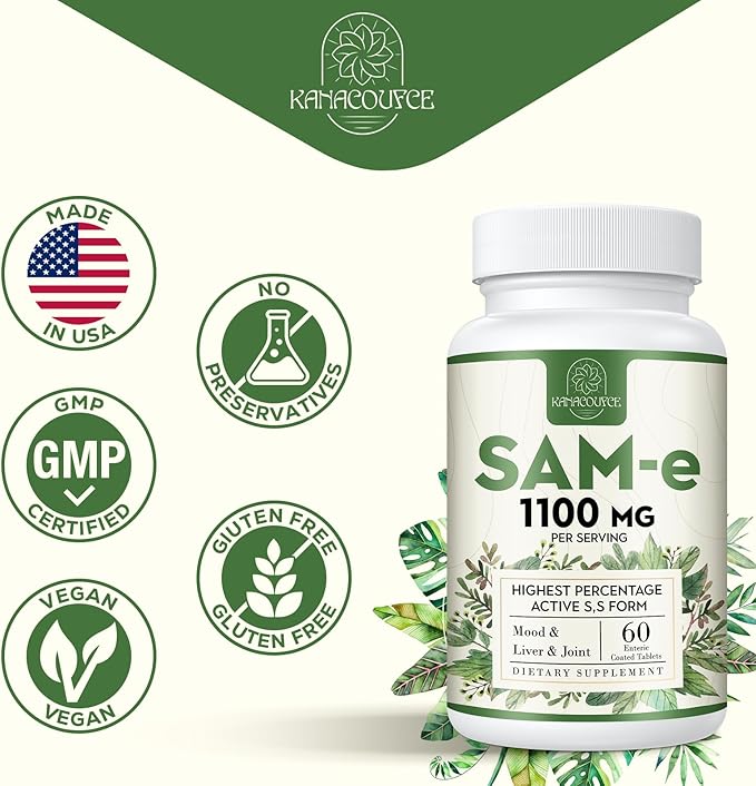 1100mg SAM-e (S-Adenosyl-L-Methionine) SAM e Supplement for Mood Joint &amp Liver Highest Concentration of Active SS Form Same Vegan 120 Tablets