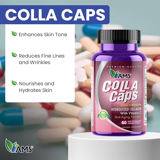 America Medic &amp Science Colla Caps (60 Caplets) | Collagen and Hyaluronic Acid Supplement with Vitamin C | for Men and Women | Repairs and Restores Skin Elasticity | Promotes Healthy Hair Growth