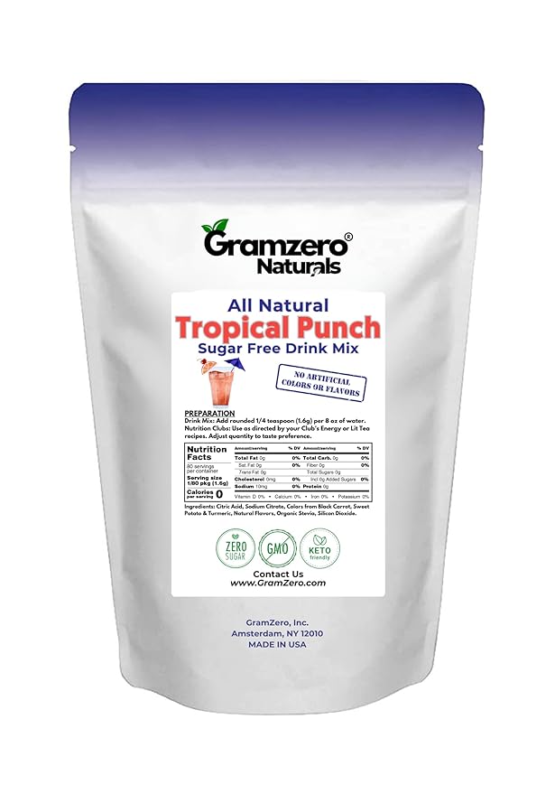 GramZero All Natural Tropical Punch Zero Calorie Sugar Free Drink Mix Great For Nutrition Club Loaded Tea Stevia Sweetened