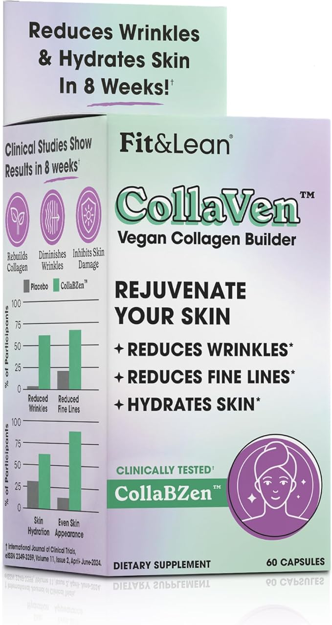 Fit &amp Lean CollaVen Vegan Collagen Builder Clinically Proven Vegan Plant-Based Collagen with Vitamin C for Youthful &amp Hydrated Skin Reduces Wrinkles Boosts Collagen Production 60 Vegan C