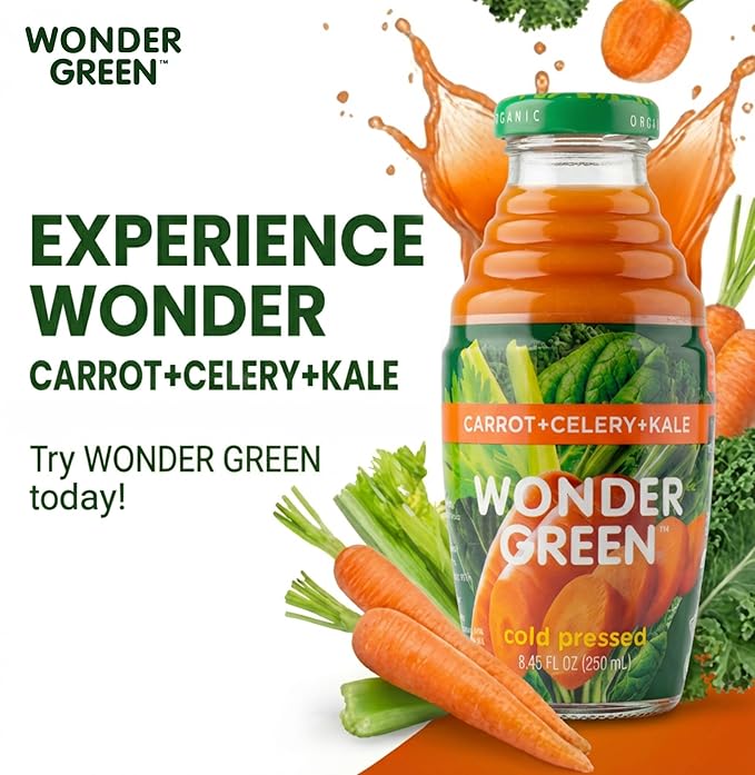 Wonder Green 100% Organic Carrot Celery &amp Kale Cold Pressed Juice 8.45 oz (6 Pack) | Vegetable Juice Blend All Natural No Additives or Preservatives Not from Concentrate